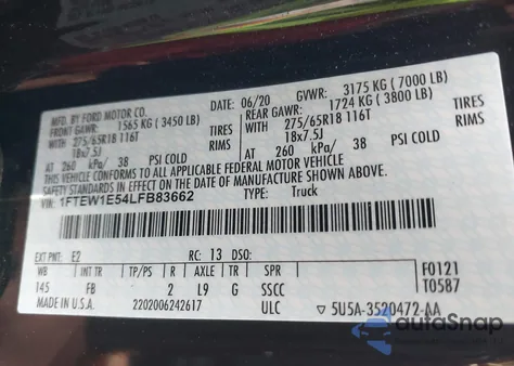 2020 Ford F-150 Xlt from USA, damaged, VIN 1FTEW1E54LFB83662